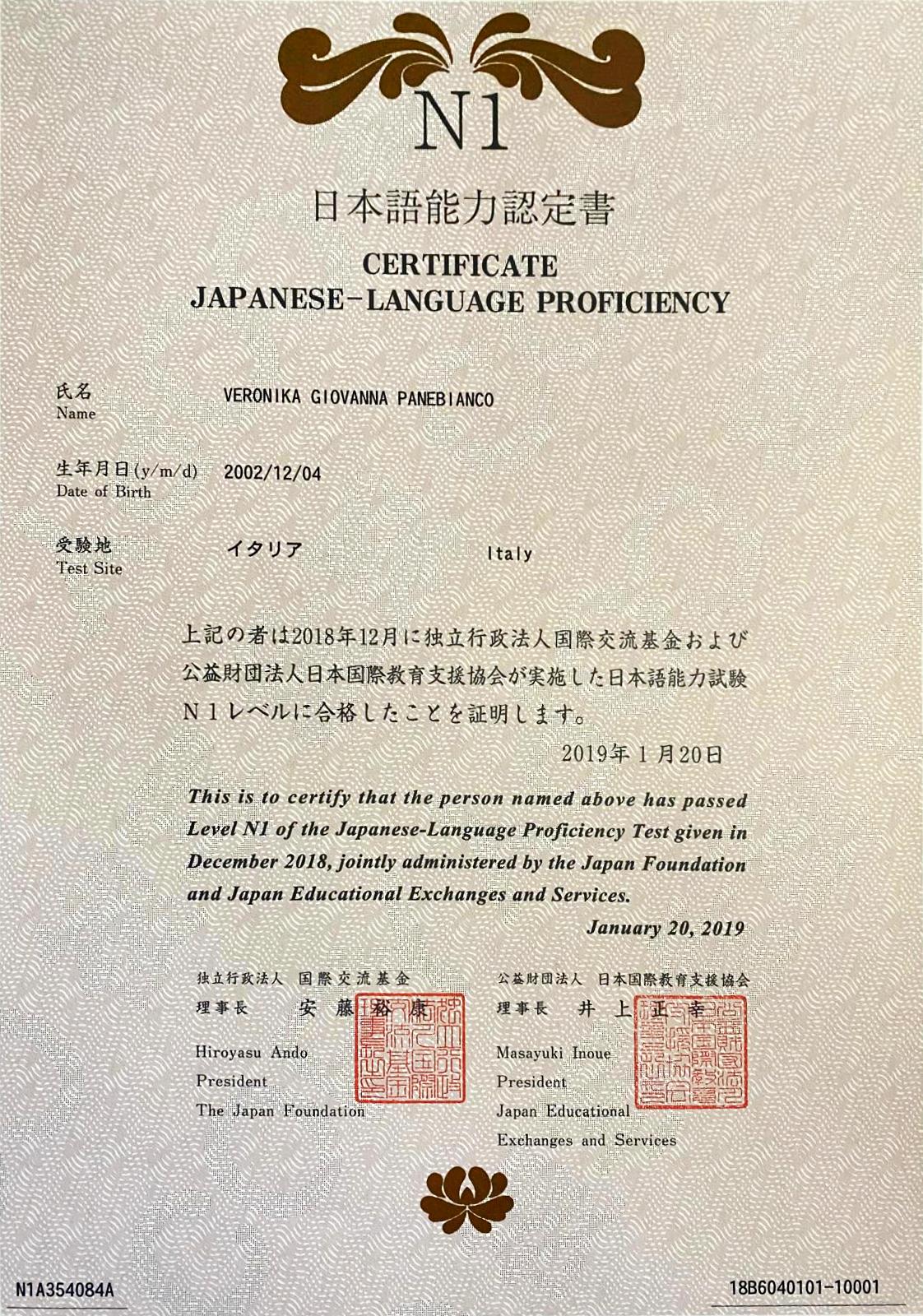 JLPT N1 Certificate - Japanese Language Proficiency Test
